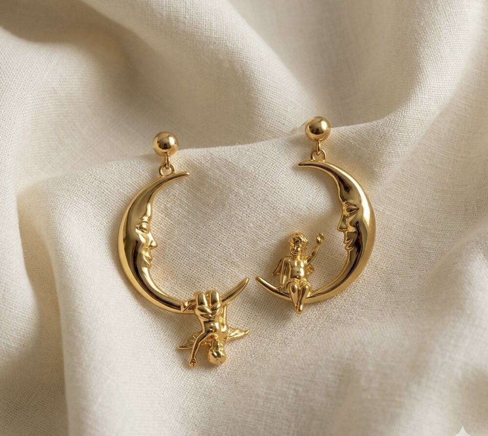 Hoop Moon Cherub Earrings Mismatch Anthro Style Angel Gold Face Boho Celestial